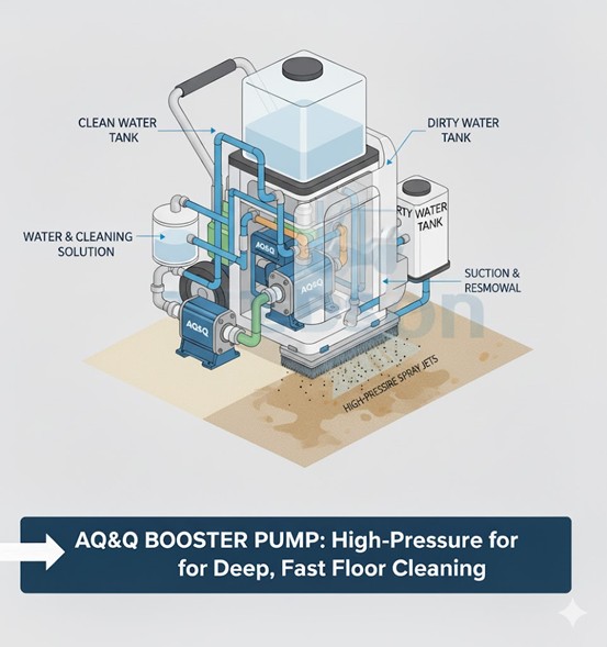 AQ&Q 增壓泵在地板清潔設備中的應用示意圖