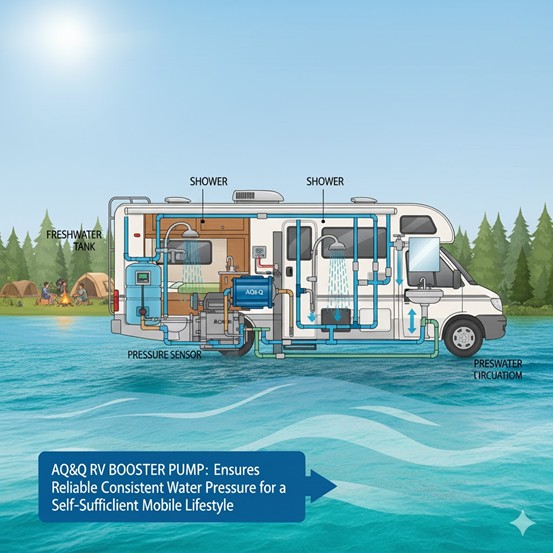 AQ&Q 增壓泵在 RV 休閒車水系統中的應用示意圖